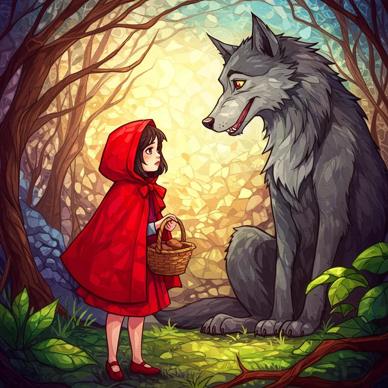 Whimsical Stained Glass: Red Riding Hood & Wolf