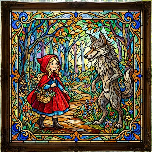 Whimsical Stained Glass: Red Riding Hood & Wolf