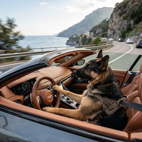 German Shepherd Driving Luxury Sports Car