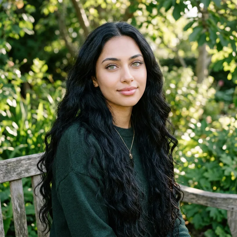 Stunning Girl with Long Wavy Black Hair and Green Eyes