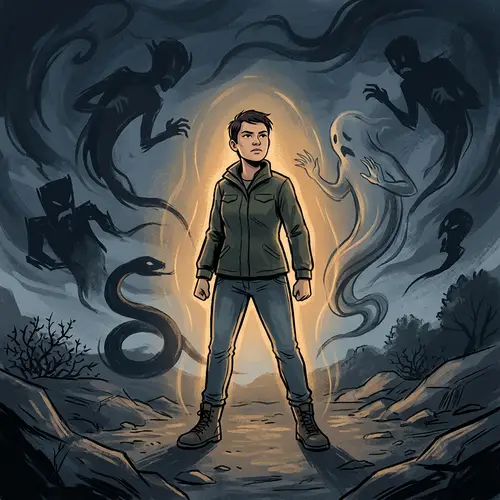 Conquer Fear: Defiant Individual Standing Brave Against Shadows