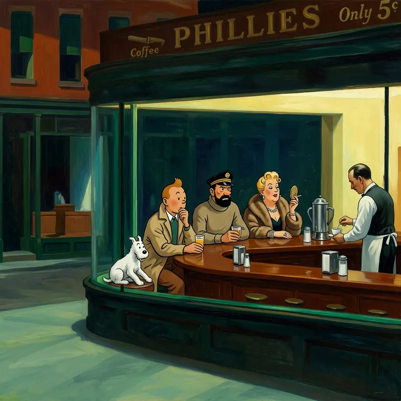 Tintin in Hoppers Nighthawks Painting
