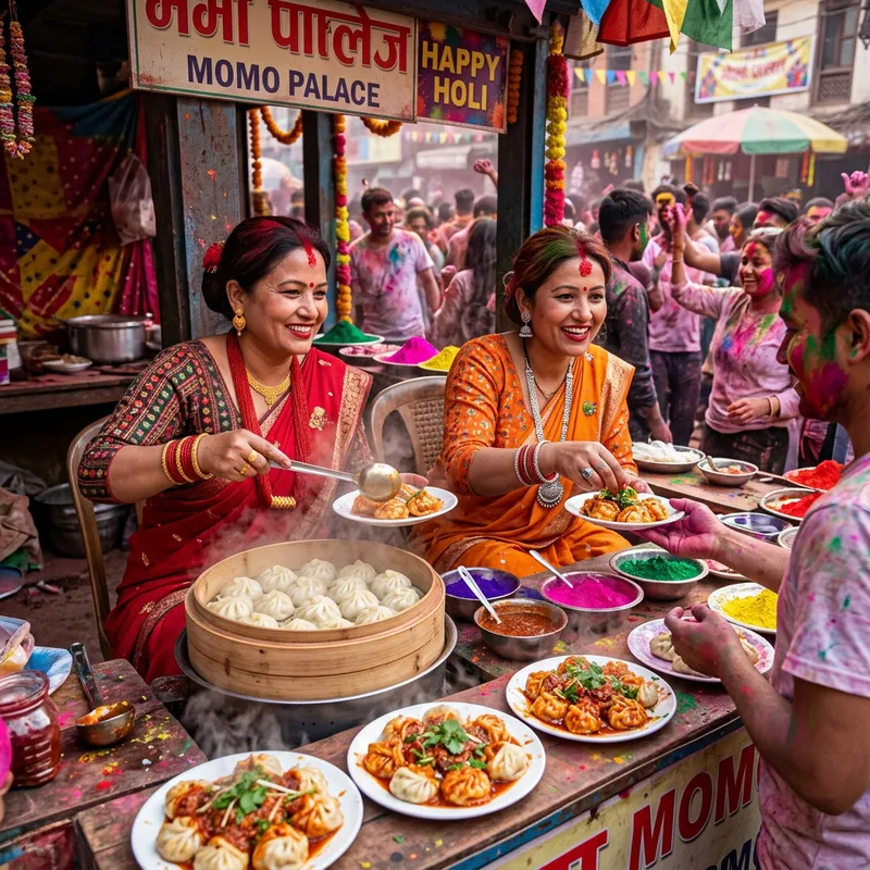 Authentic Nepali Women Selling Delicious MoMos at Holi Festival