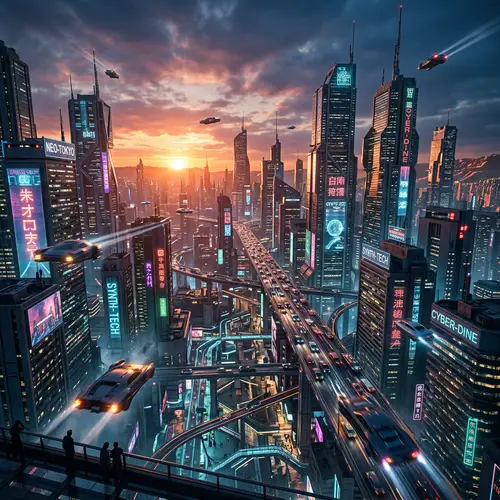 Futuristic Cityscape at Sunset | Cyberpunk Metropolis View