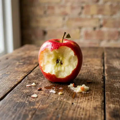 Vibrant Image of Eaten Apple on Rustic Table