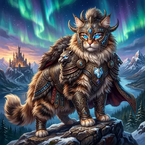 Majestic Nordic Armor Cat | Vibrant Fantasy Digital Art
