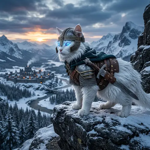 Fantasy Warrior Cat in Snow-White Fur - Magical Skyrim-Inspired Feline