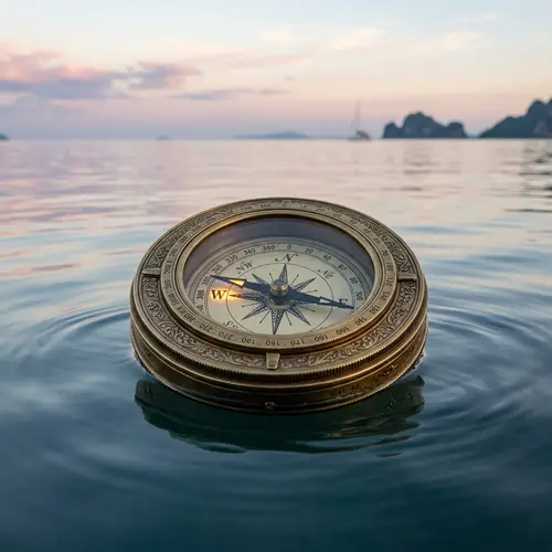 Ornate Brass Compass Floating on Tranquil Sea