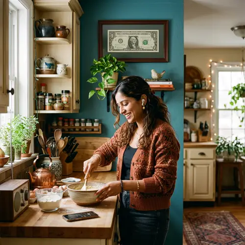 Cozy Kitchen Interior with Feature Wall and South Asian Woman Listening to Music