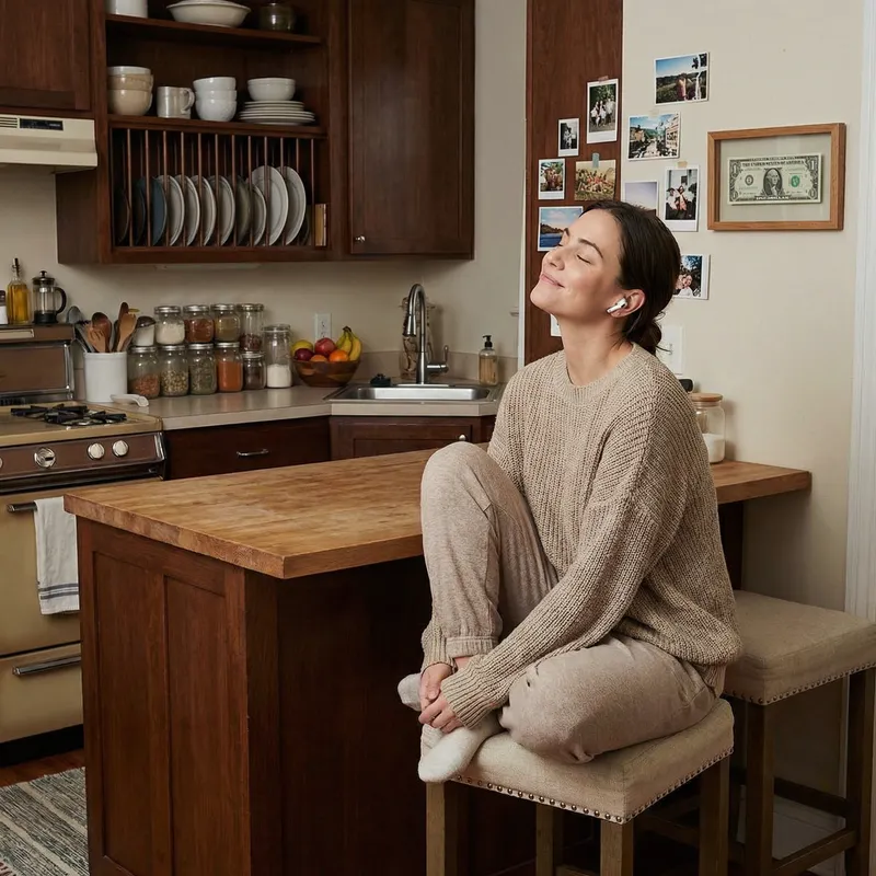 Charming Lady Enjoying Music in Cozy Kitchen with Unique Decor Charming Lady Enjoying Music in Cozy Kitchen with Unique Decor