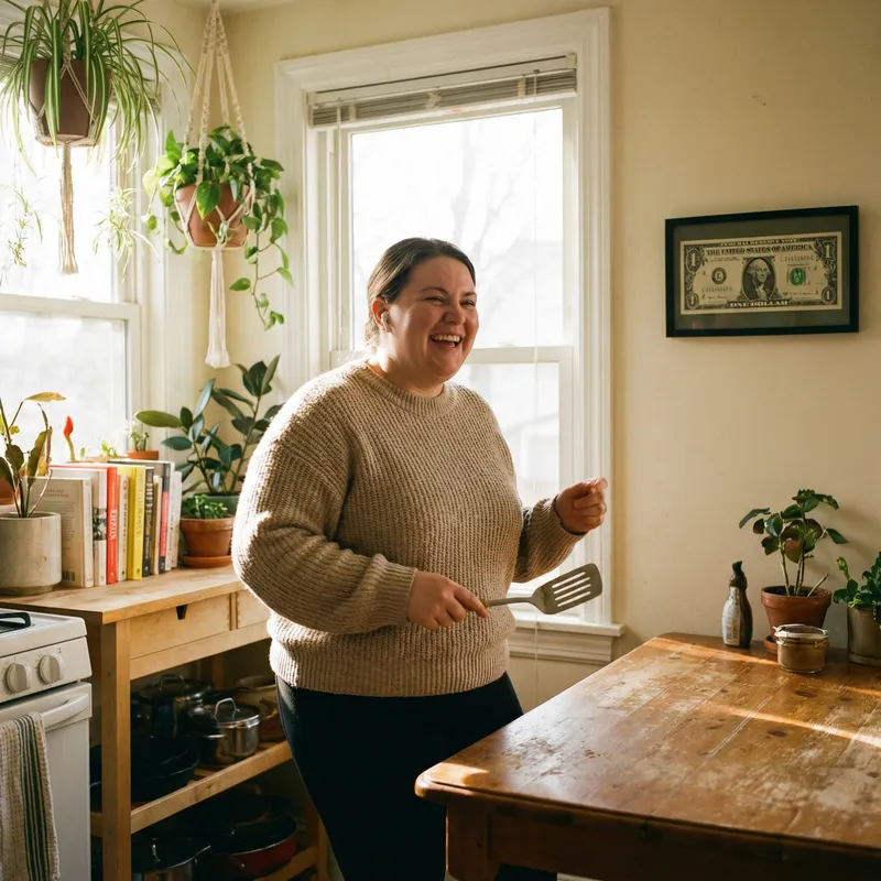 Joyful Woman Enjoying Music in Cozy Kitchen with Unique Decor