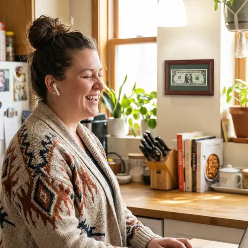 Cheerful Overweight Woman Enjoying Music in Homely Kitchen