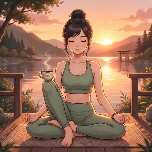 Anime-Style Asian Girl Yoga Meditation with Coffee
