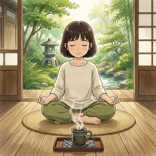 Yoga Meditation Pose with Coffee - Serene Anime Girl