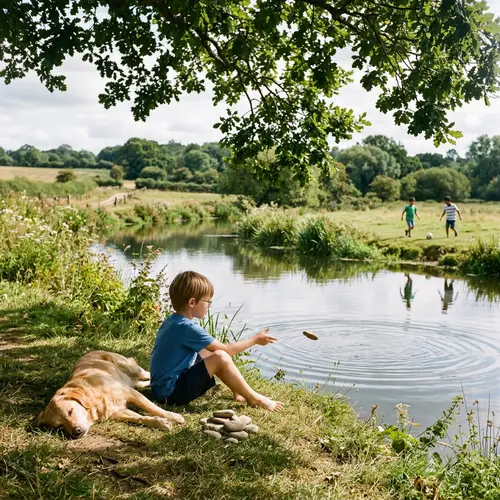 Tranquil Countryside Scene with Lyosha Skipping Stones by Riverbank