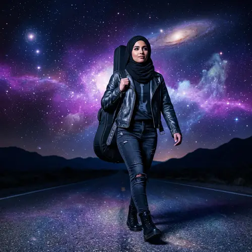 Rock Star in Hijab Against Galactic Sky