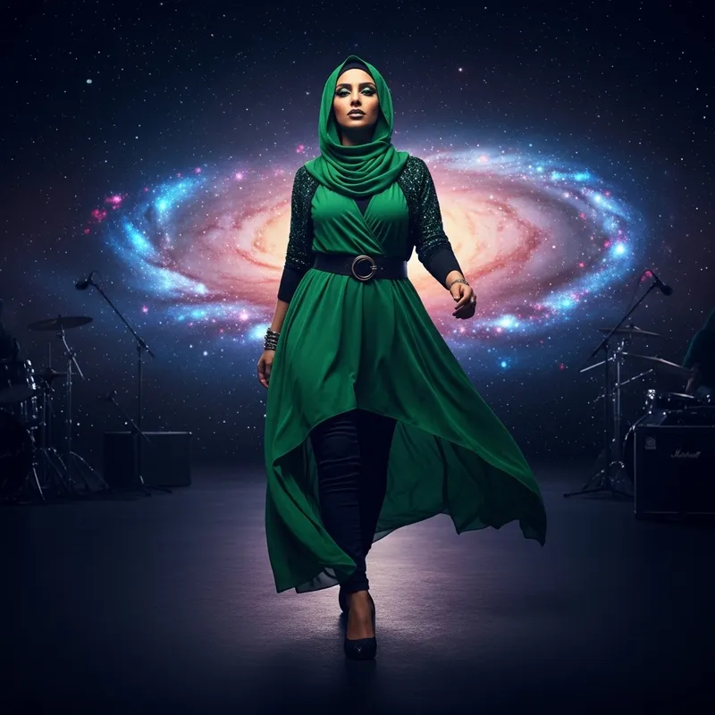 Rock Star in Hijab Against Galactic Sky