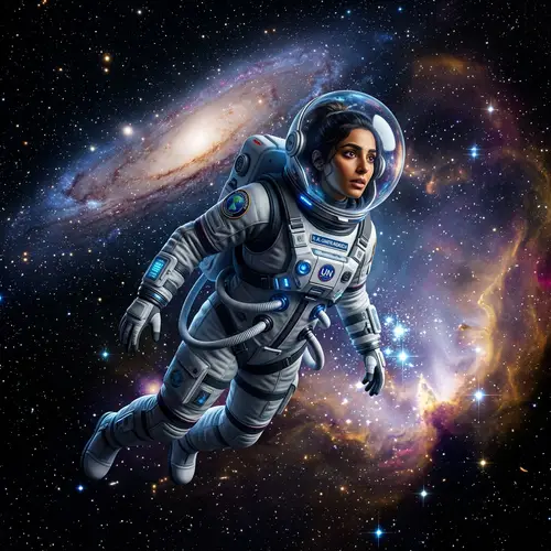Futuristic Astronaut Woman Explores Outer Space