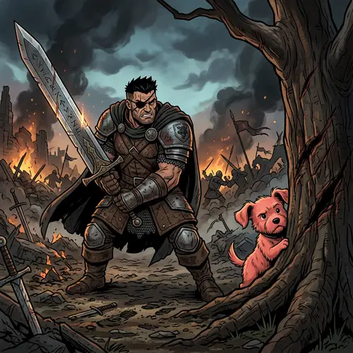 Audacious Small Dog and Brawny Character Battle Scene