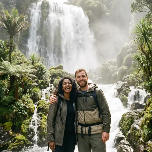 Joyful Multicultural Photo by Cascading Waterfall