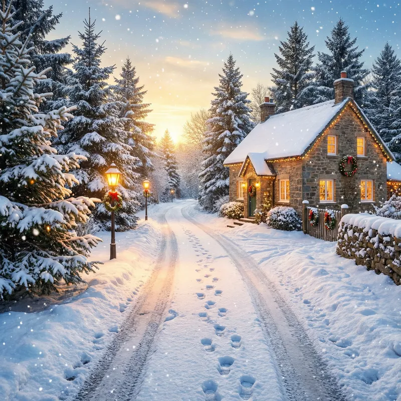 Snowy Christmas Pathway with Pine Trees