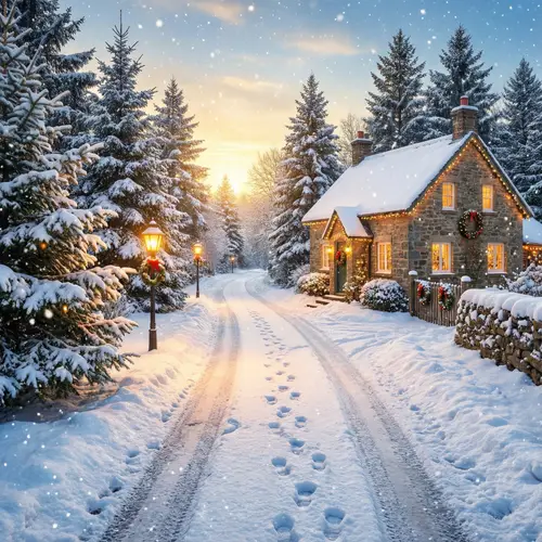 Snowy Christmas Pathway with Pine Trees