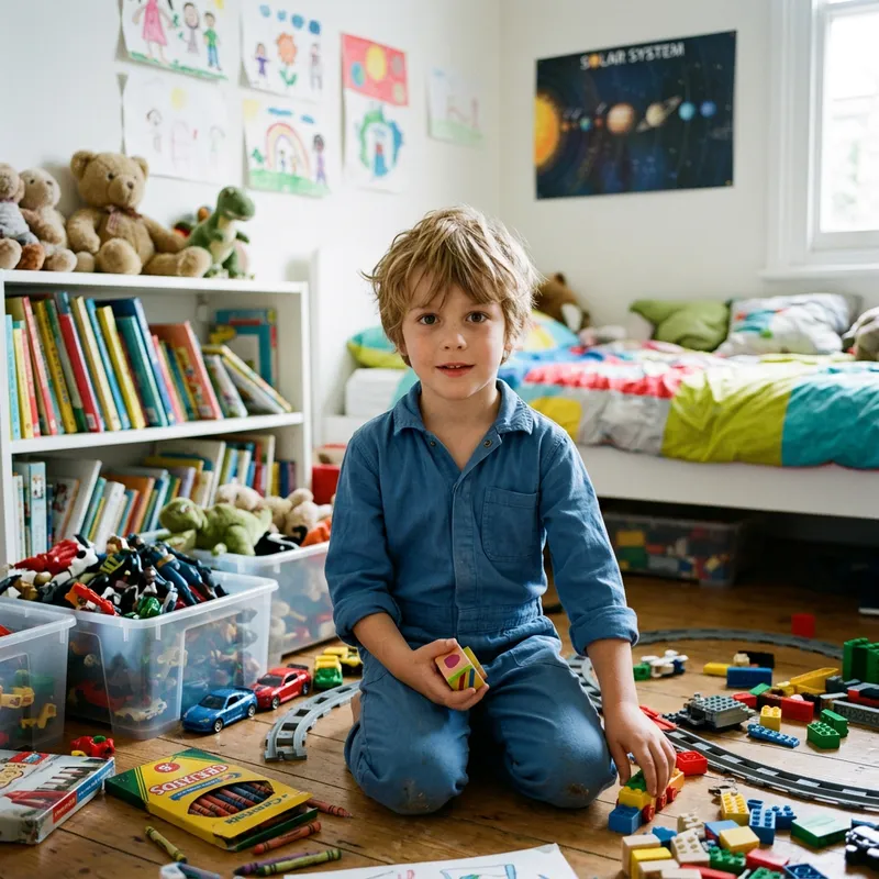 Curious 8-Year-Old Boy in Colorful Room Curious 8-Year-Old Boy in Colorful Room