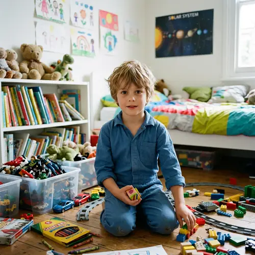 Curious 8-Year-Old Boy in Colorful Room