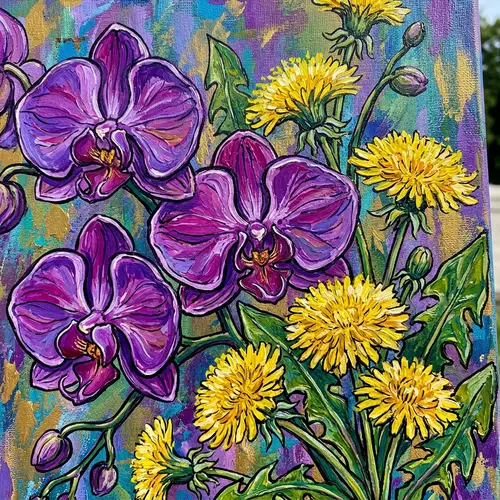 Stunning Purple Orchids and Yellow Dandelions Artwork