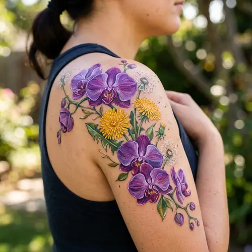 Purple Orchids & Yellow Dandelions Acryl Tattoo Design