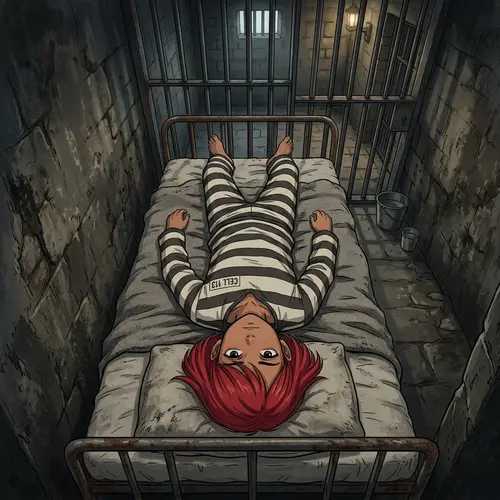 Anime Style Young Boy in Prison: Scarlet Hair Illustration