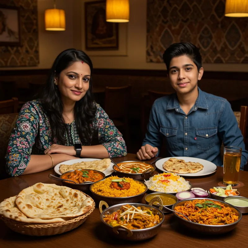 Heartwarming Dining: Mother and Son Enjoy Indian Cuisine Heartwarming Dining: Mother and Son Enjoy Indian Cuisine