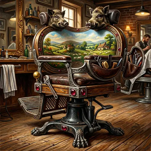 Unique Barber Chair with Circular Backrest and Wild Boar Head Pillow