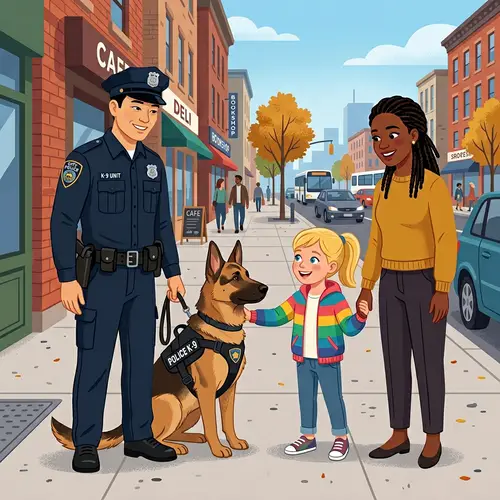 Asian Policeman and K-9 Officer with Girl and Mother on City Sidewalk