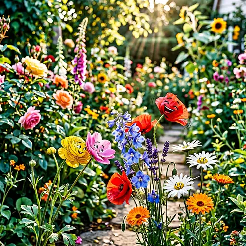Colorful Flowers Engaged in Lively Conversation | Vibrant Garden