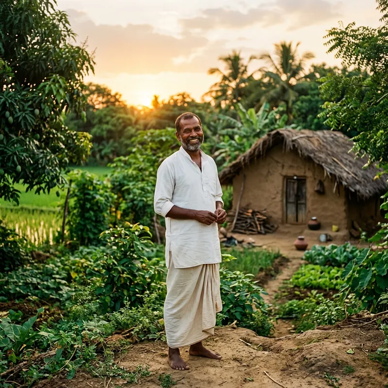 Koushik: Peaceful Rural Indian Male in Traditional Attire at Sunset