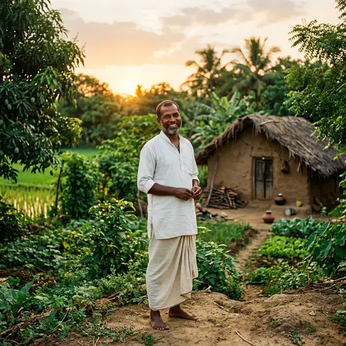 Rural Indian Male Koushik in Traditional Attire Smiling at Sunset