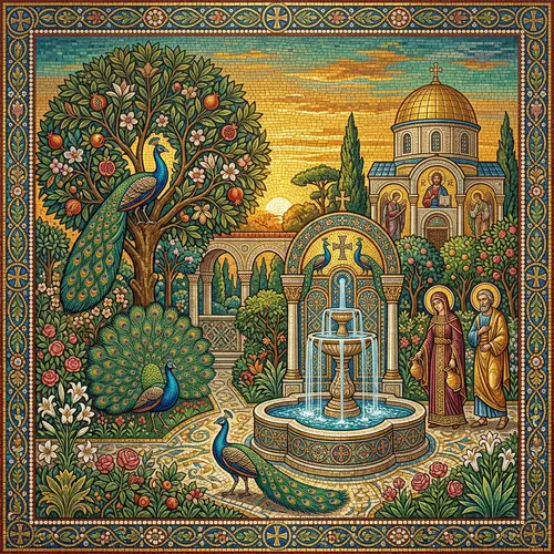 Byzantine-Inspired Mosaic Art in Tranquil Garden Setting