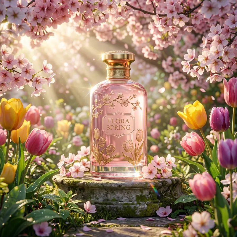 Spring Beauty: Cherry and Tulips Cosmetic Bottle in Perfect Lighting