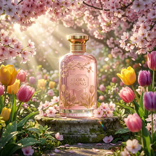 Exquisite Spring Cosmetic Bottle Scene with Detailed Lighting Techniques
