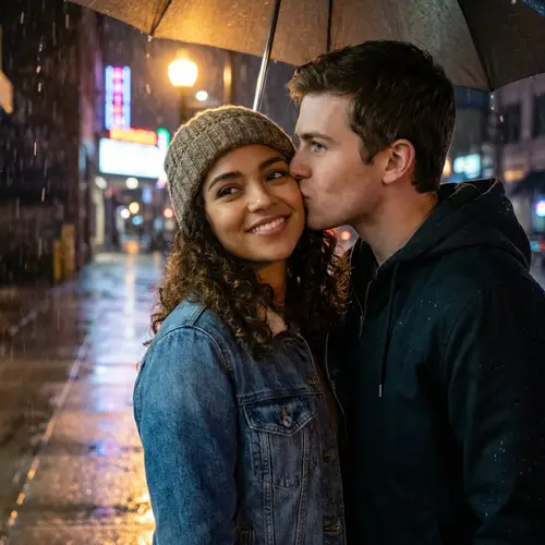 Romantic Scene with Actors Under Rain in City Landscape