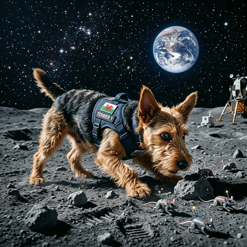 Cheerful Welsh Terrier on Moon: Energetic Space Hunter Cheerful Welsh Terrier on Moon: Energetic Space Hunter