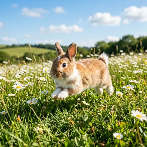 Joyful Bunny Hopping in Green Field with Daisies - Peaceful Day