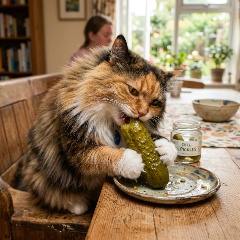 Fluffy Cat Eating Salty Pickle - Cute Cat Snacking on Pickle