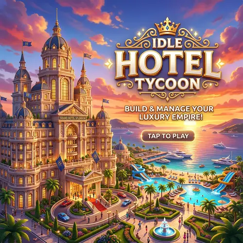 Idle Hotel Tycoon Game Splash Screen with Majestic Towering Hotel