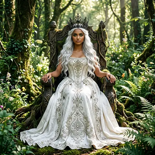Royal Middle-Eastern Girl in Forest Throne with Emerald Eyes