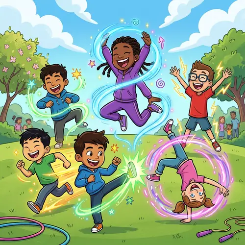 Captivating Cartoon Style Scene of Diverse Children Exercising