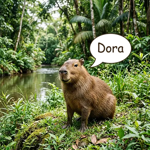Capybara Saying 'Dora' in a Lush Green Setting