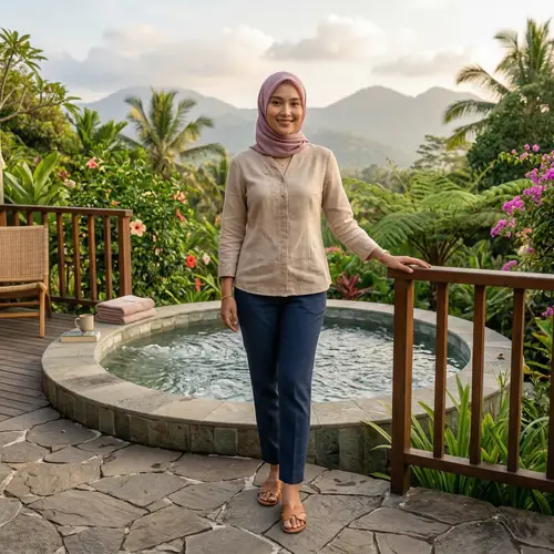 Elegant Indonesian Woman in a Serene Outdoor Jacuzzi