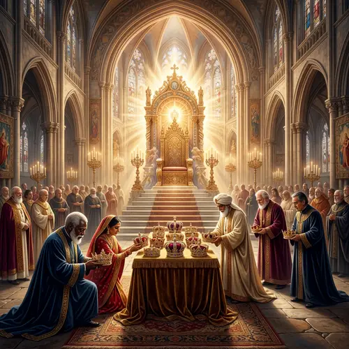 Elderly Individuals Laying Down Golden Crowns Before Divine Throne